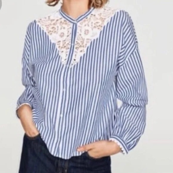 Zara Tops - Zara - Lace Design Blue And White Stripe Button Down Long Sleeve Top Size XS